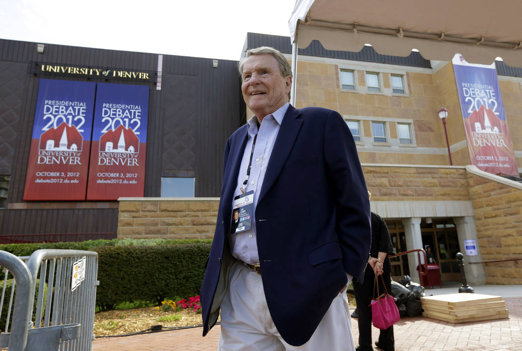 FILE - This Oct. 1, 2012 file photo shows moderator Jim Lehrer outside Magness Arena, site of a ...