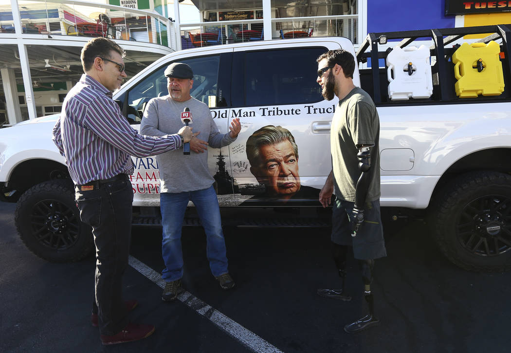 Review-Journal columnist John Katsilometes, left, interviews Rick Harrison, center, and Navy ve ...