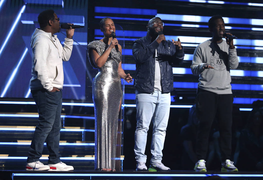 Nathan Morris, from left, Wanya Morris, Shawn Stockman, of Boyz II Men‎, and Alicia Keys ...