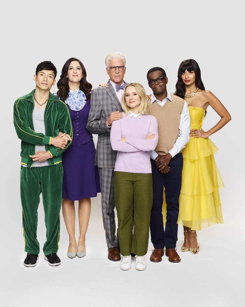 THE GOOD PLACE -- Season: 4 -- Pictured: (l-r) Manny Jacinto as Jason, Ted Danson as Michael, K ...