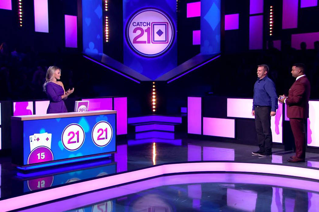 "Catch 21" with dealer Witney Carson, left, and host Alfonso Riberio, right, films in ...