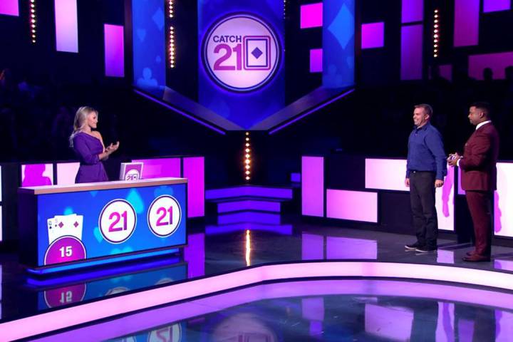 "Catch 21" with dealer Witney Carson, left, and host Alfonso Riberio, right, films in ...