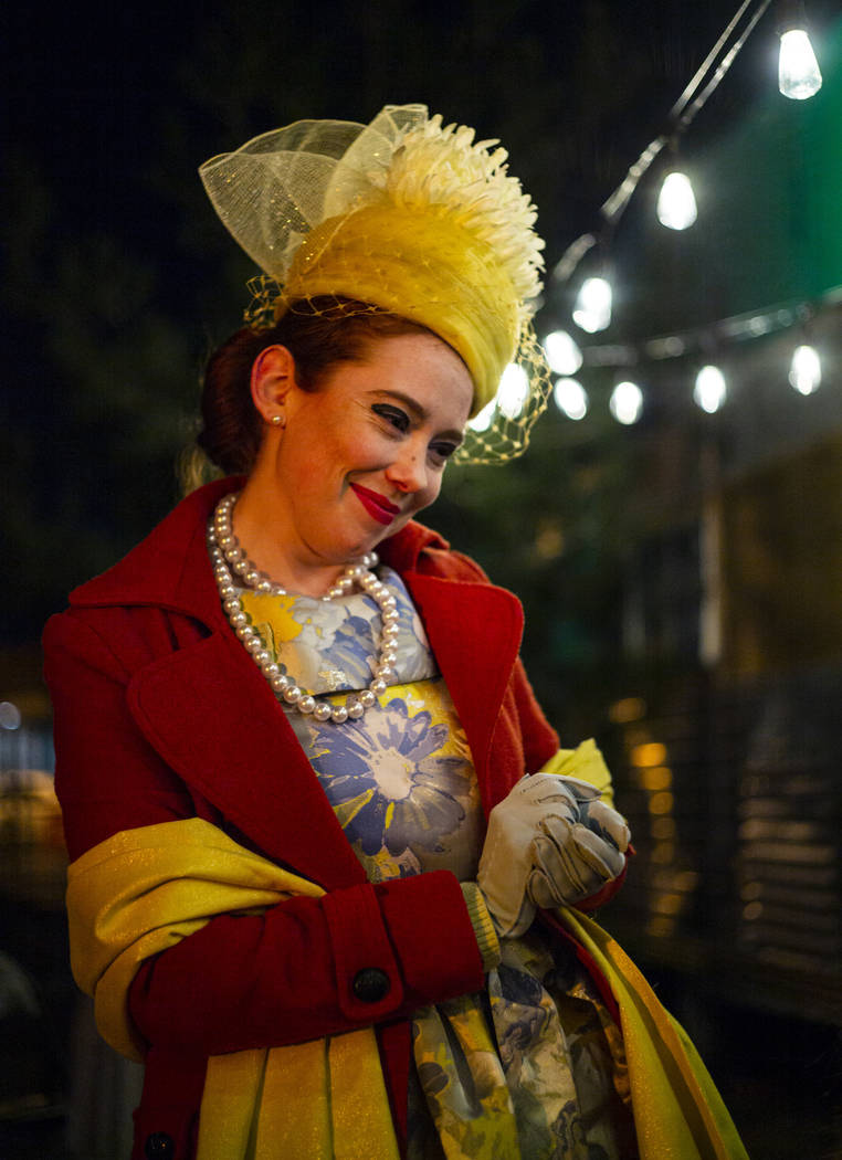 Pansy Stock, played by Rose Donahue, talks with attendees during a dress rehearsal of "The ...