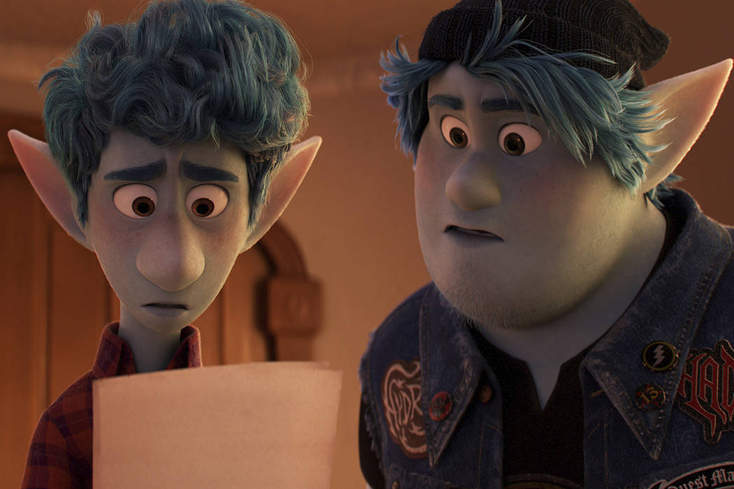 In this image released by Disney/Pixar, characters Ian, voiced by Tom Holland, and Barley, voic ...