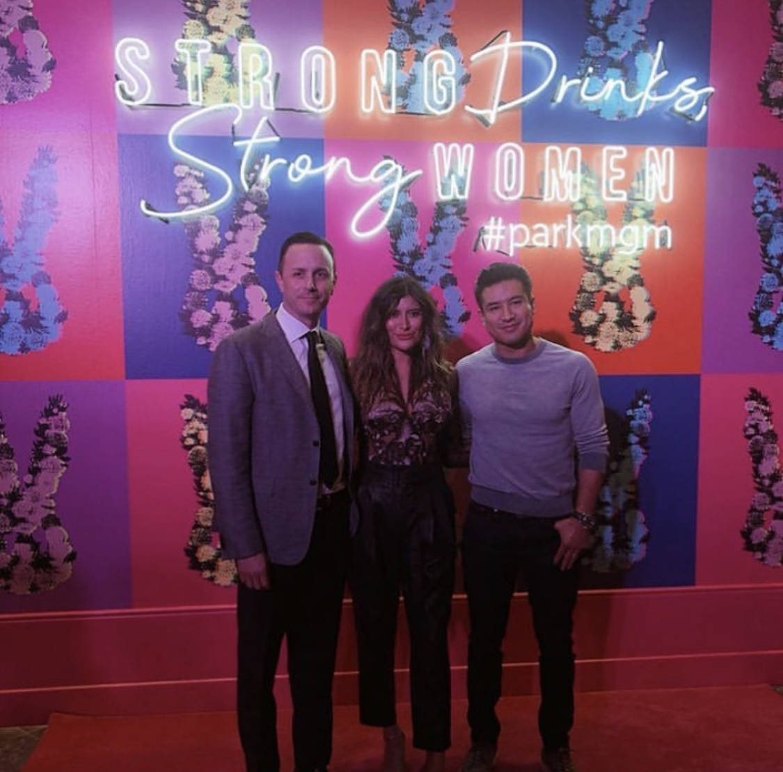 MGM Resorts President of Nightlife Sean Christie is shown with "Extra" host Mario Lopez and Lop ...