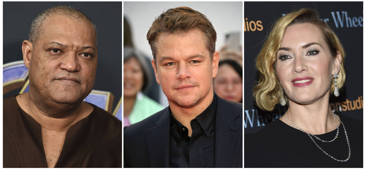 This combination photo shows actors, from left, Laurence Fishburne, Matt Damon and Kate Winslet ...