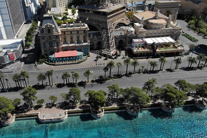 An aerial photo of the Las Vegas Strip after all Las Vegas casinos have been shut down during t ...