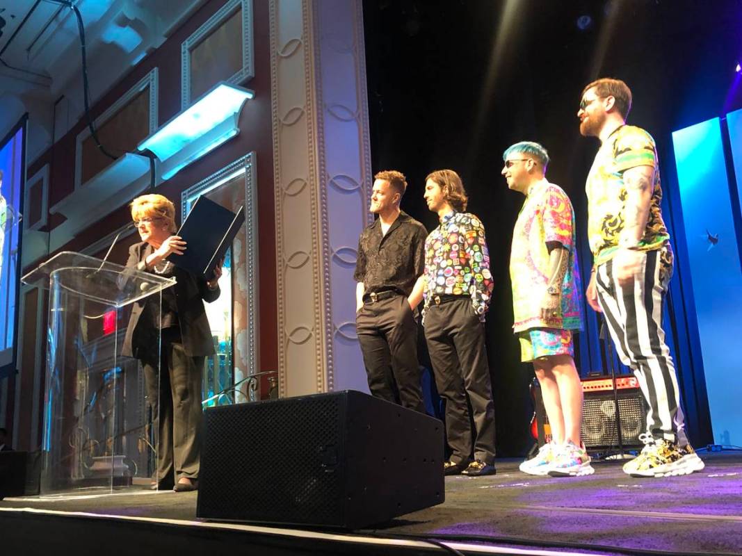 Las Vegas Mayor Carolyn Goodman presents a proclamation making Sept. 6 as Imagine Dragons Day a ...