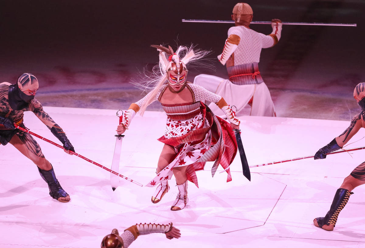 Members of Cirque du Soleil's “Ka” perform on the first intermission du ...