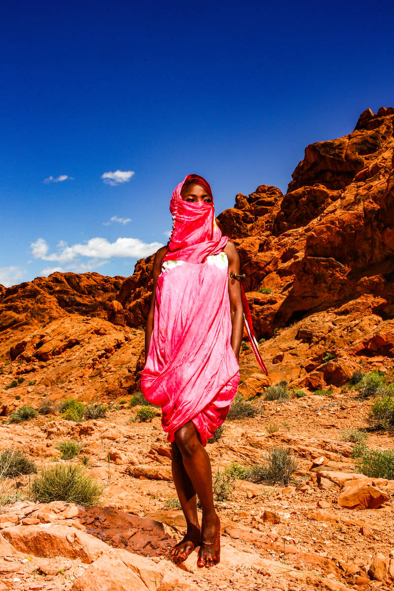 Las Vegas performer, designer and Baobab Stage proprietor Wassa Coulibaly shows off her pandemi ...