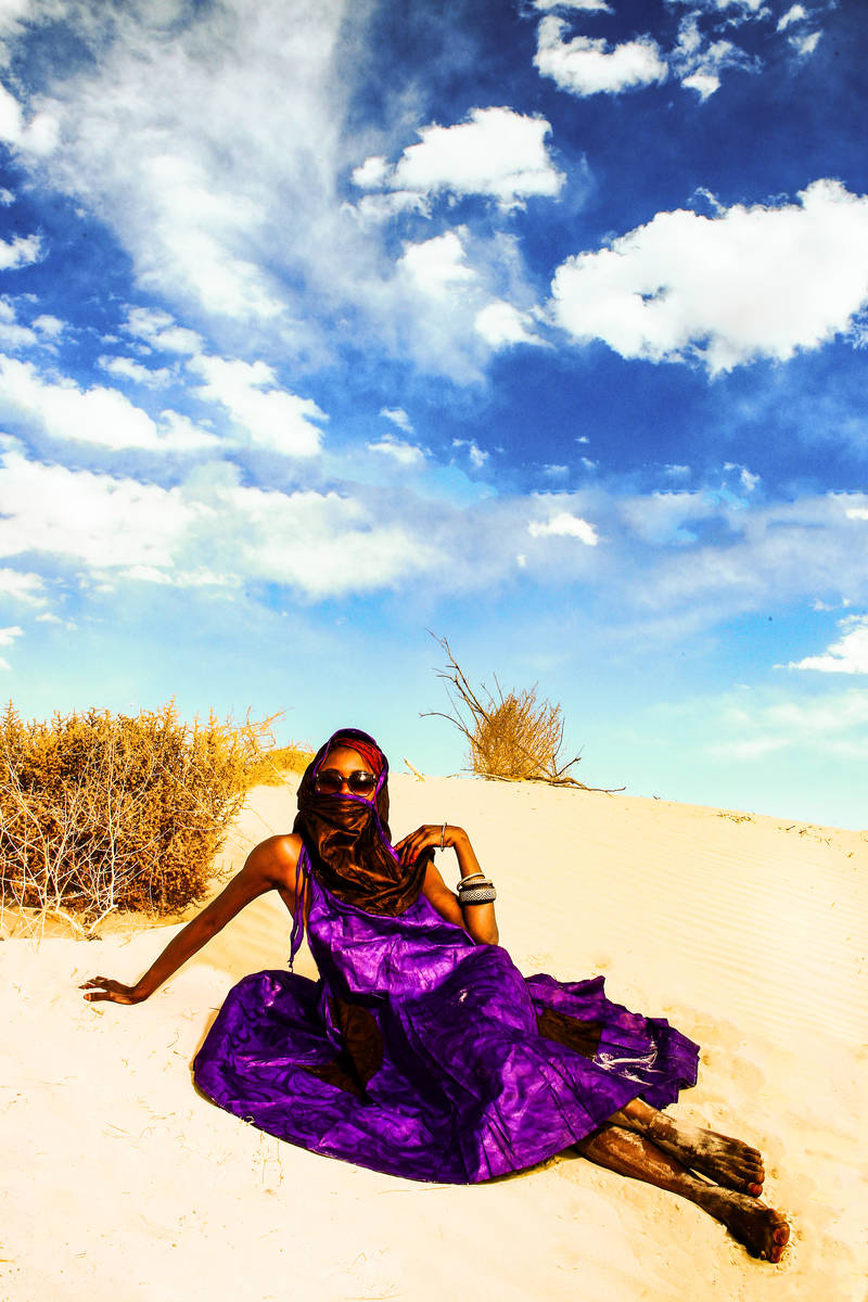 Las Vegas performer, designer and Baobab Stage proprietor Wassa Coulibaly shows off her pandemi ...