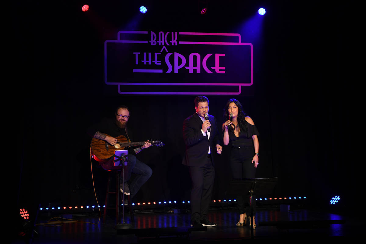 Mark Shunock (C) and Cheryl Daro (R) perform at the Mondays Dark Live Stream Telethon for The A ...