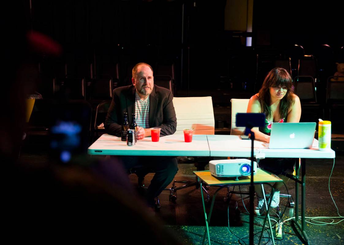 Troy Heard, founding artistic director of Majestic Repertory Theatre, left, talks with ensemble ...