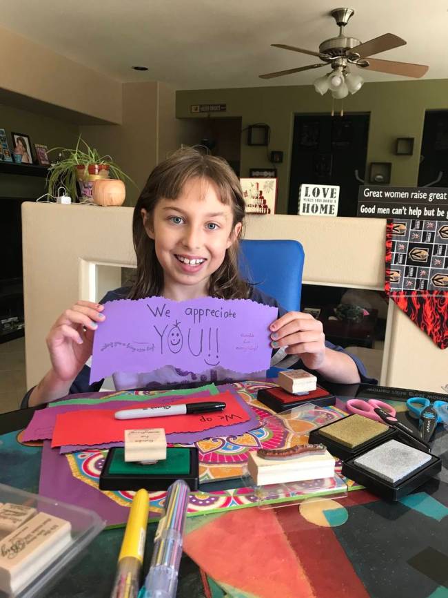 Nine-year-old Haylee Hirsch made more than 100 greetings cards for nurses.