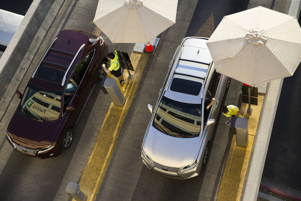 Traffic outside of the New York-New York parking garage near T-Mobile Arena before the first pr ...