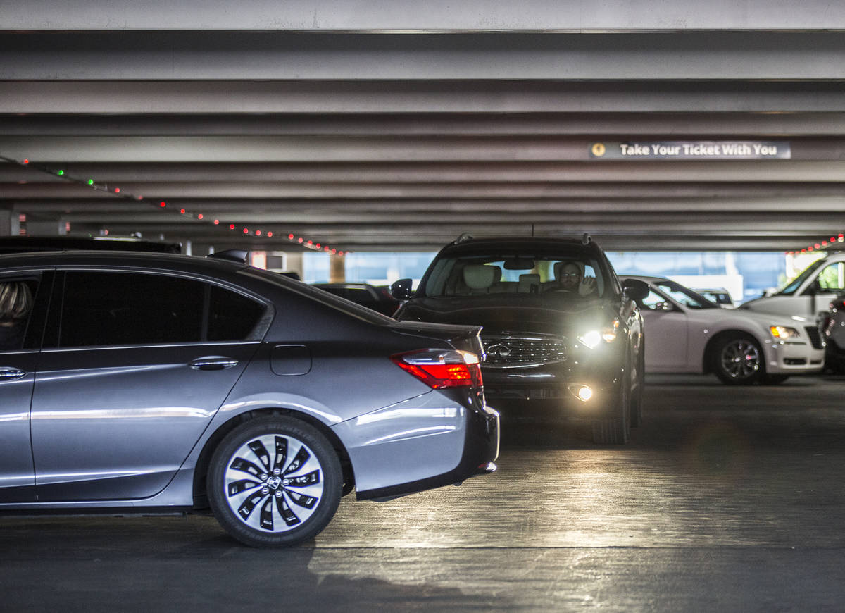 Cars leave the MGM Grand self parking lot, May 16, 2019, in Las Vegas. (Las Vegas Review-Journal)