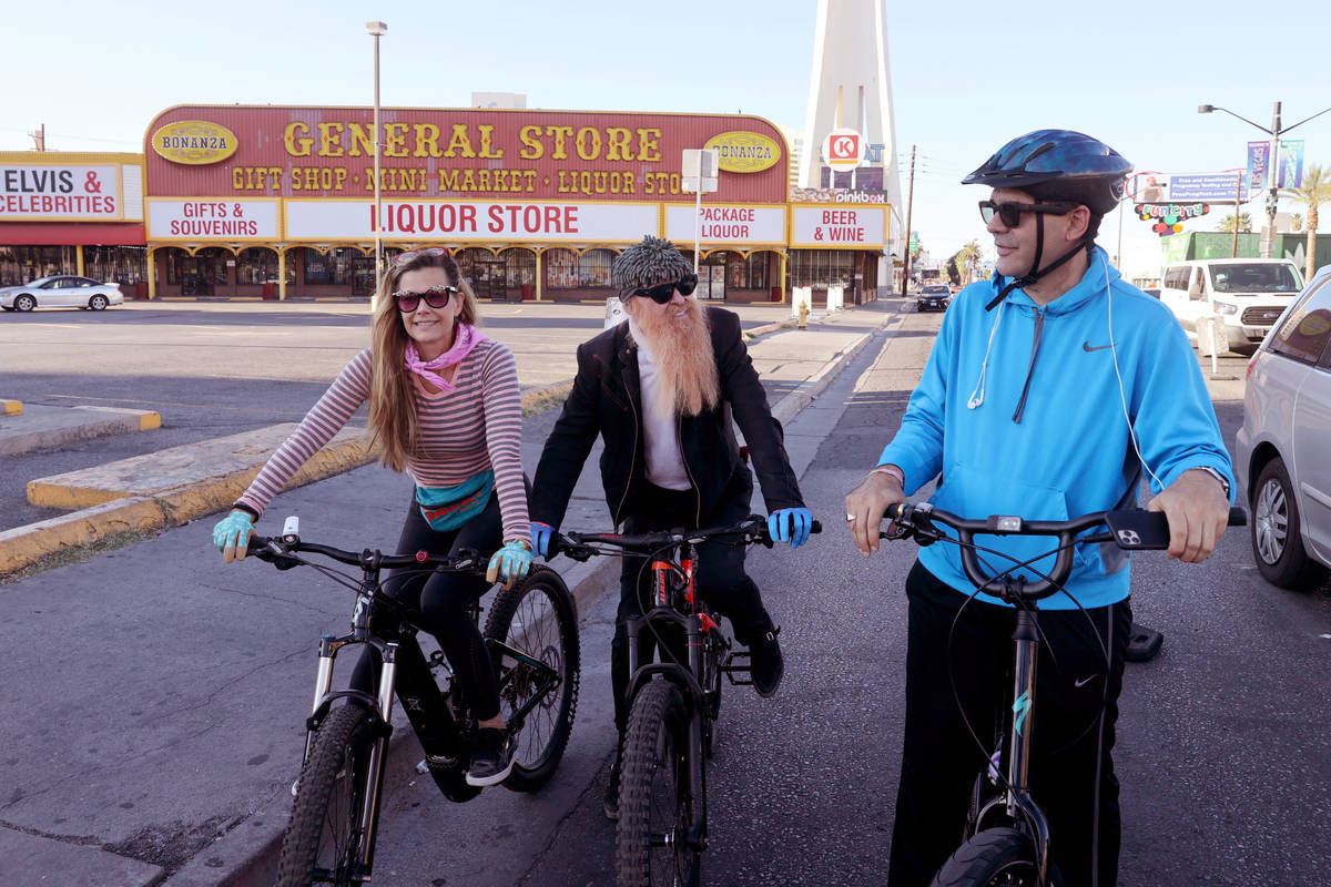 Las Vegas resident and ZZ Top frontman Billy Gibbons rides down Las Vegas Boulevard at Sahara A ...