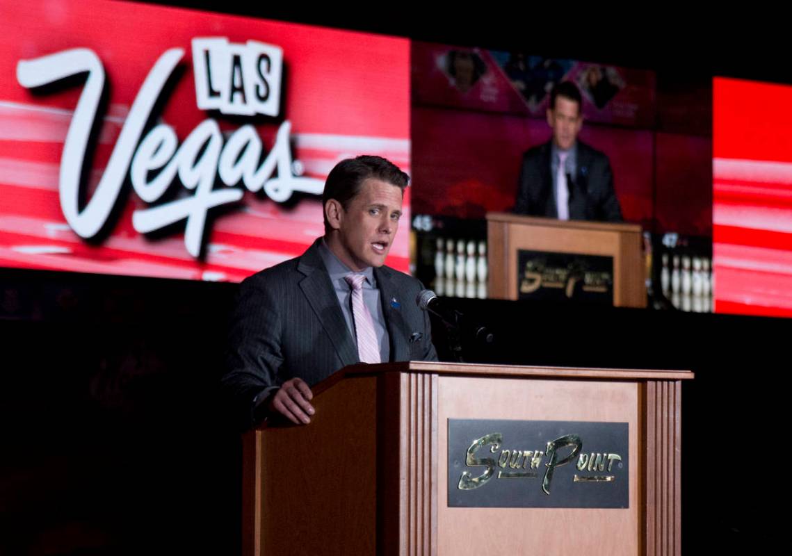 South Point General Manager Ryan Growney speaks during opening ceremonies for the United States ...