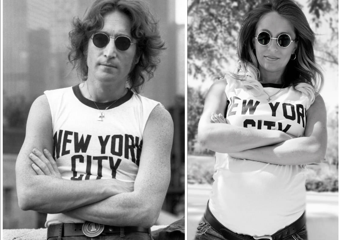 Bella Electric Strings founder Nina DiGregorio poses while pregnant alongside a famous photo of ...