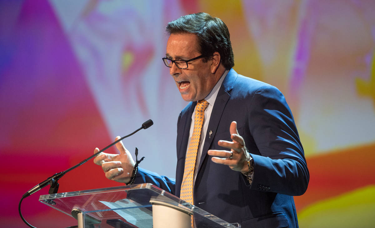 Base Agency Chief Executive officer Ken Henderson is shown onstage during Robin Leach's celebra ...