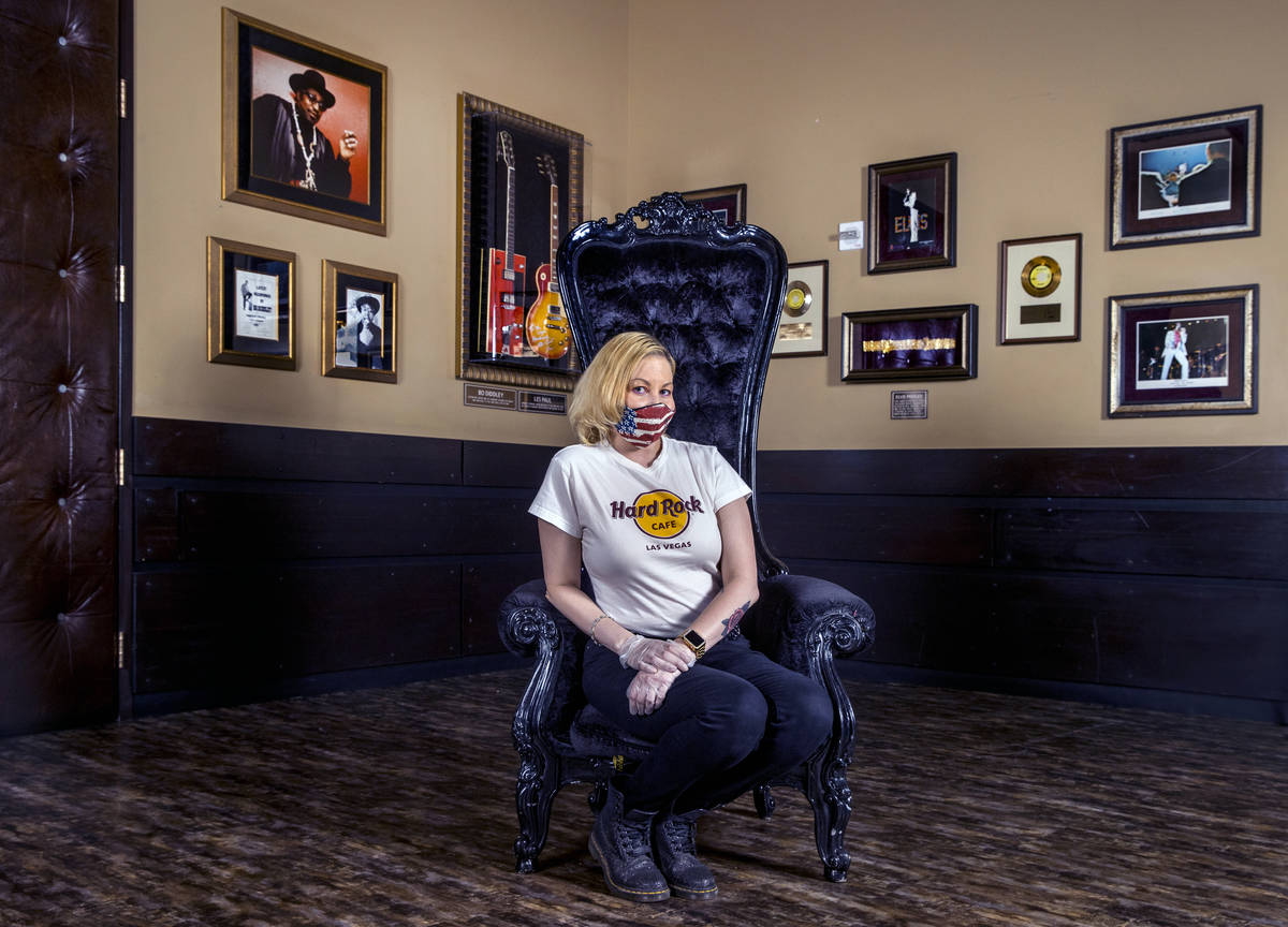Kristin McCormick at the Hard Rock Cafe wearing one of their custom masks on Thursday, July 16, ...
