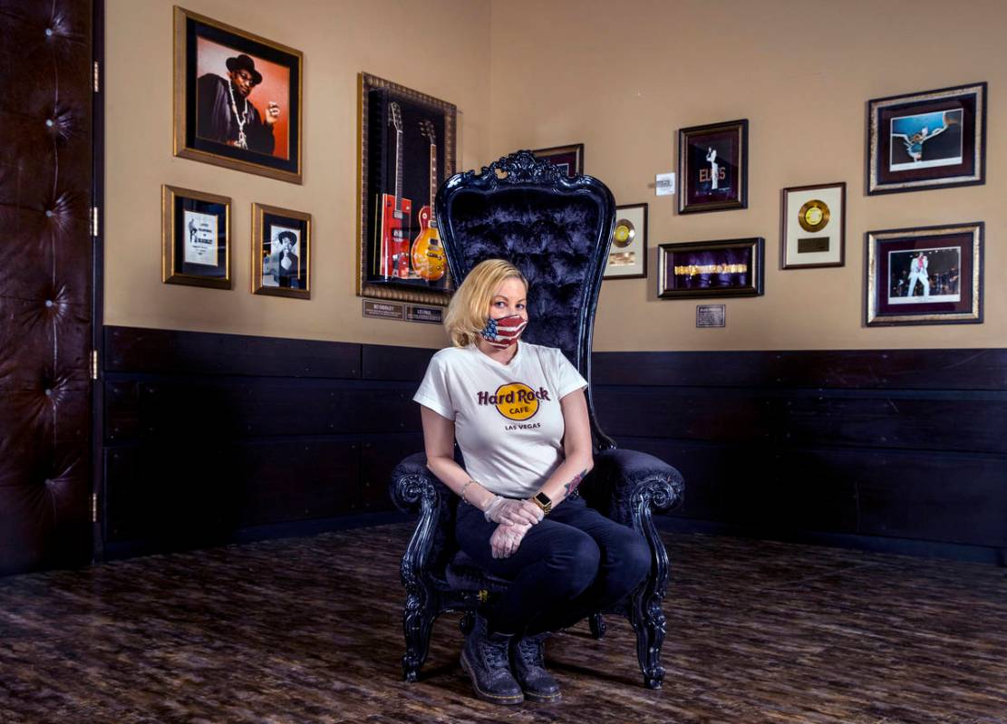 Kristin McCormick at the Hard Rock Cafe wearing one of their custom masks on Thursday, July 16, ...
