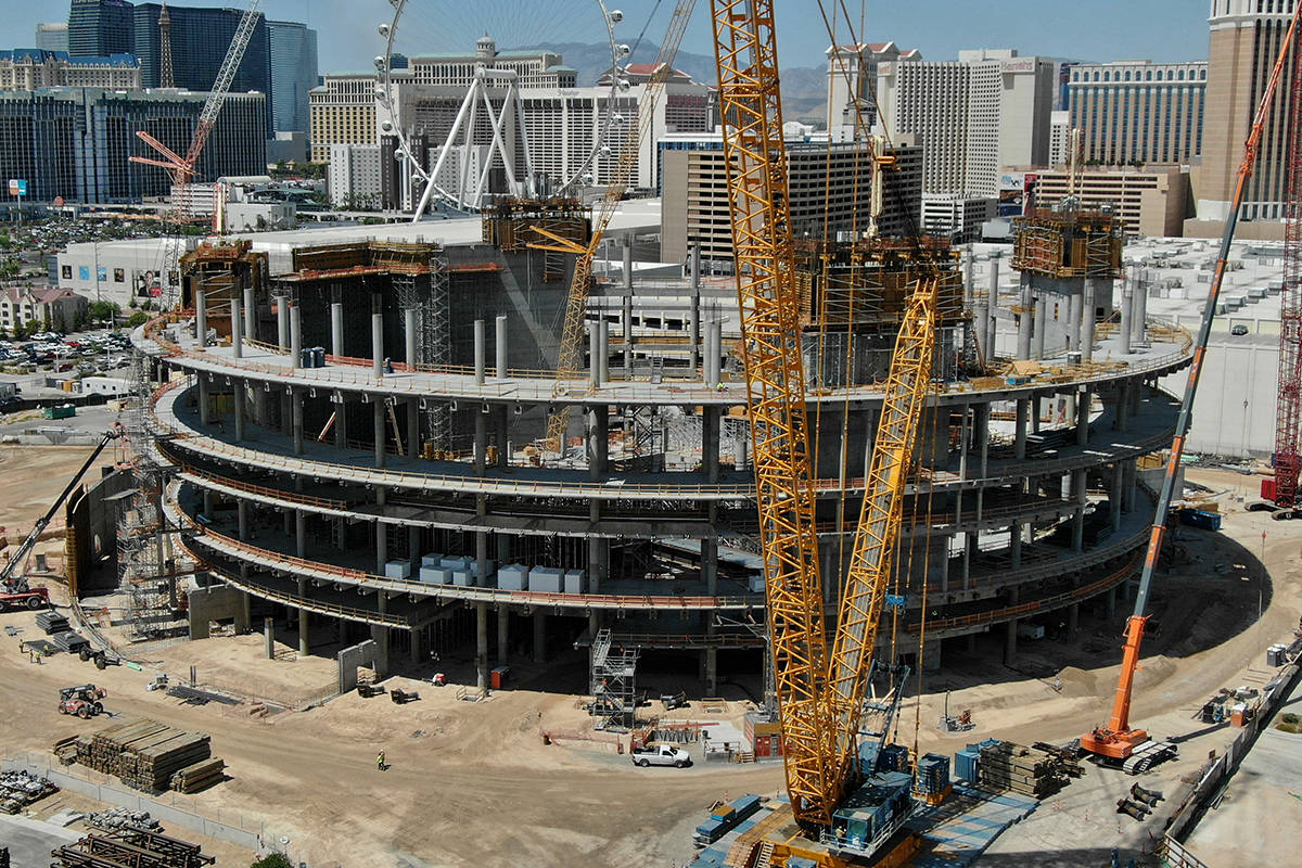 An aerial photo of the construction site at the MSG Sphere with much of the scaffolding removed ...