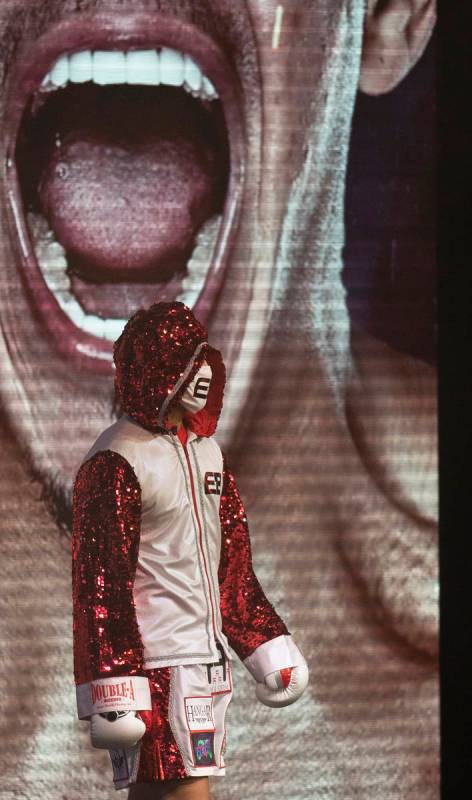 Edgar Berlanga makes his entrance before the start of his super middleweight fight with Eric Mo ...
