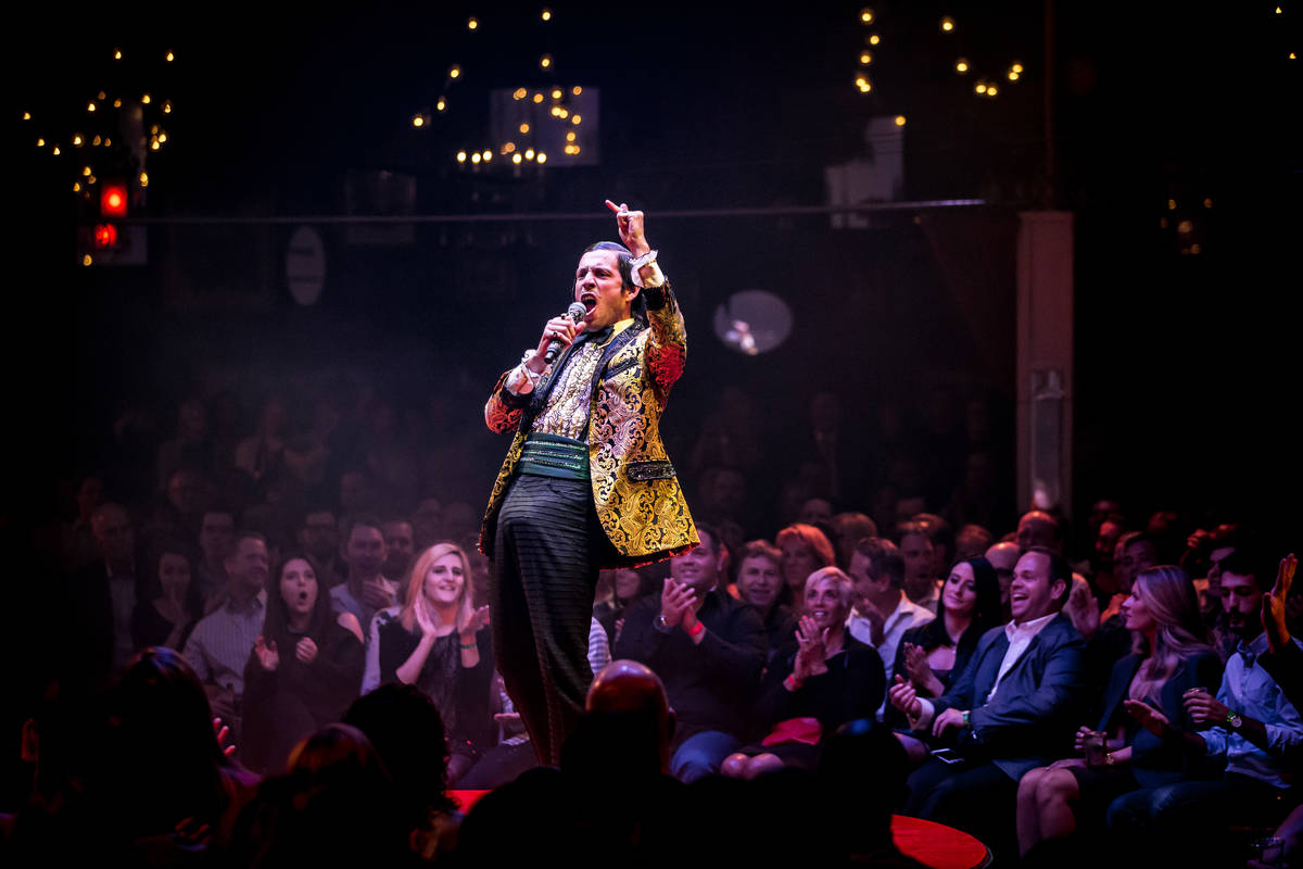 The Gazillionaire holds forth during "Absinthe" at Caesars Palace. (Erik Kabik)