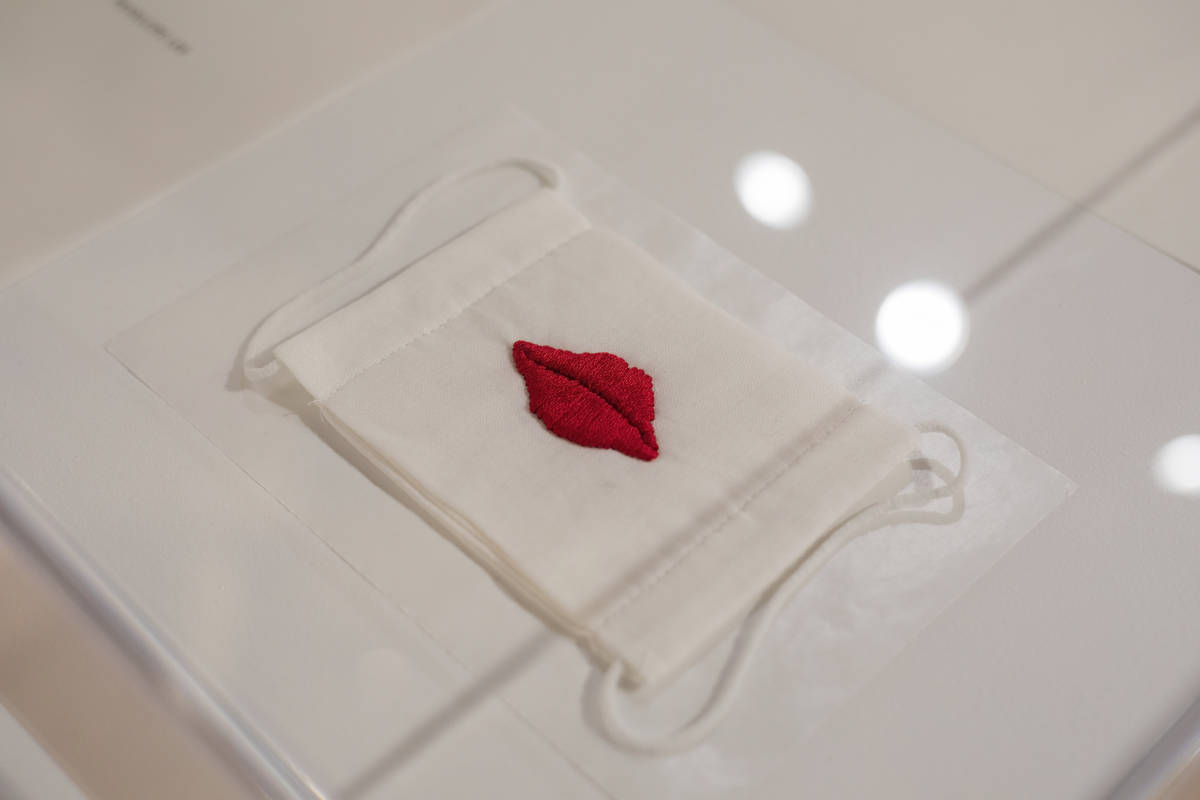 A face mask made in 1996 for The Book of Lies, Volume 1, is seen apart of the exhibition "Excer ...