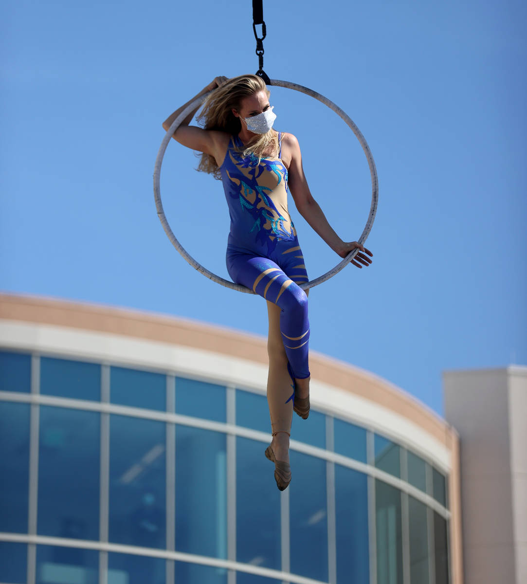 Aerialist Alyssa McCraw performs a #MaskUpNV show for medical professionals at Spring Valley Ho ...