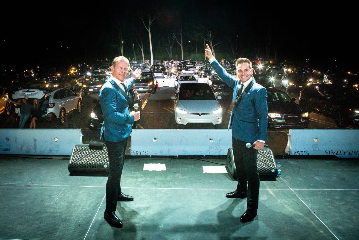 Christian Hoff, left and Travis Cloer are shown onstage at "The Rockin' Retro Drive-In Show" at ...