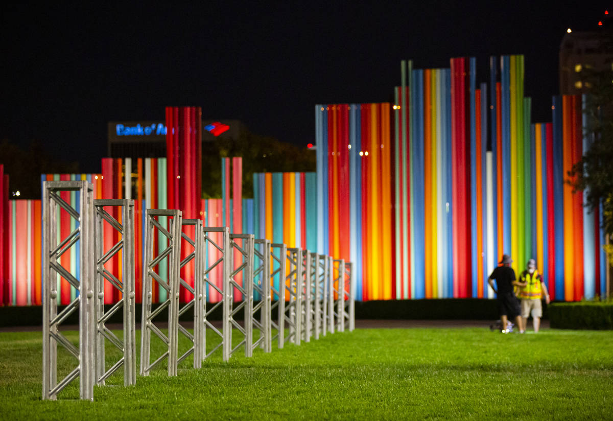 A "truss garden" is set up to represent the many entertainment workers who have been ...