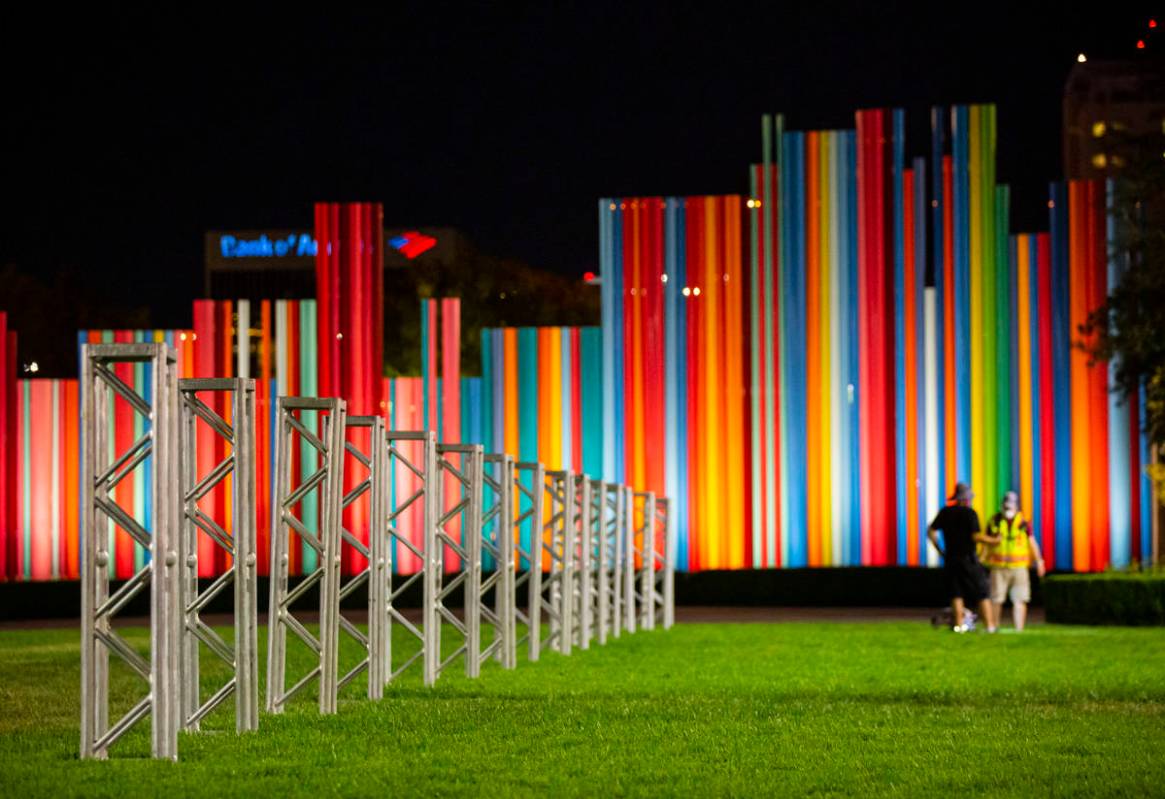 A "truss garden" is set up to represent the many entertainment workers who have been ...
