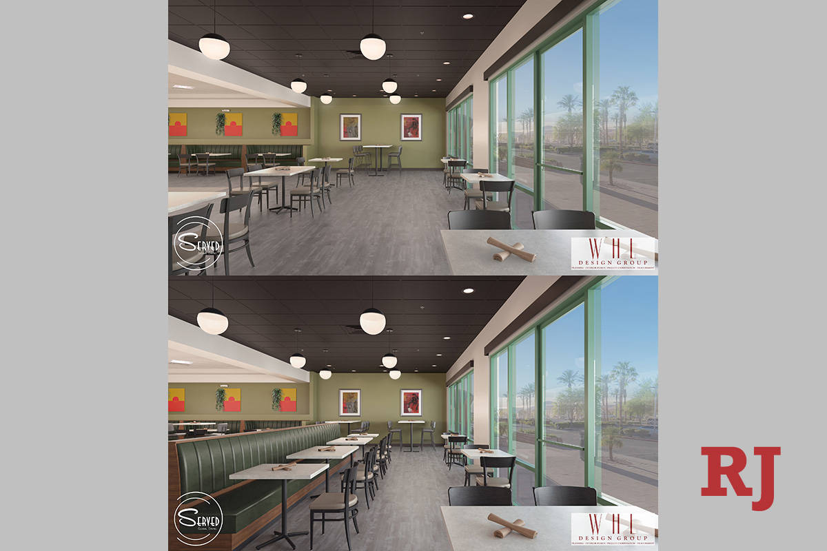 Top rendering shows COVID-compliant layout of the future Served Global Cuisine in Henderson; bo ...