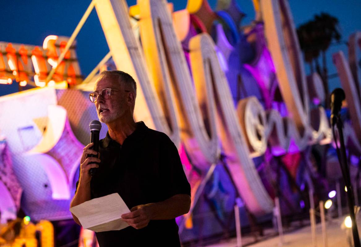 Rob McCoy, president and CEO of the Neon Museum,ʳpeaks before the reillumination of the M ...
