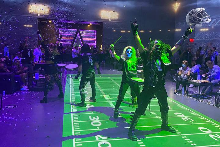 The ambient drumline halftime performance at The Portal at Area15 is shown during the Portal at ...