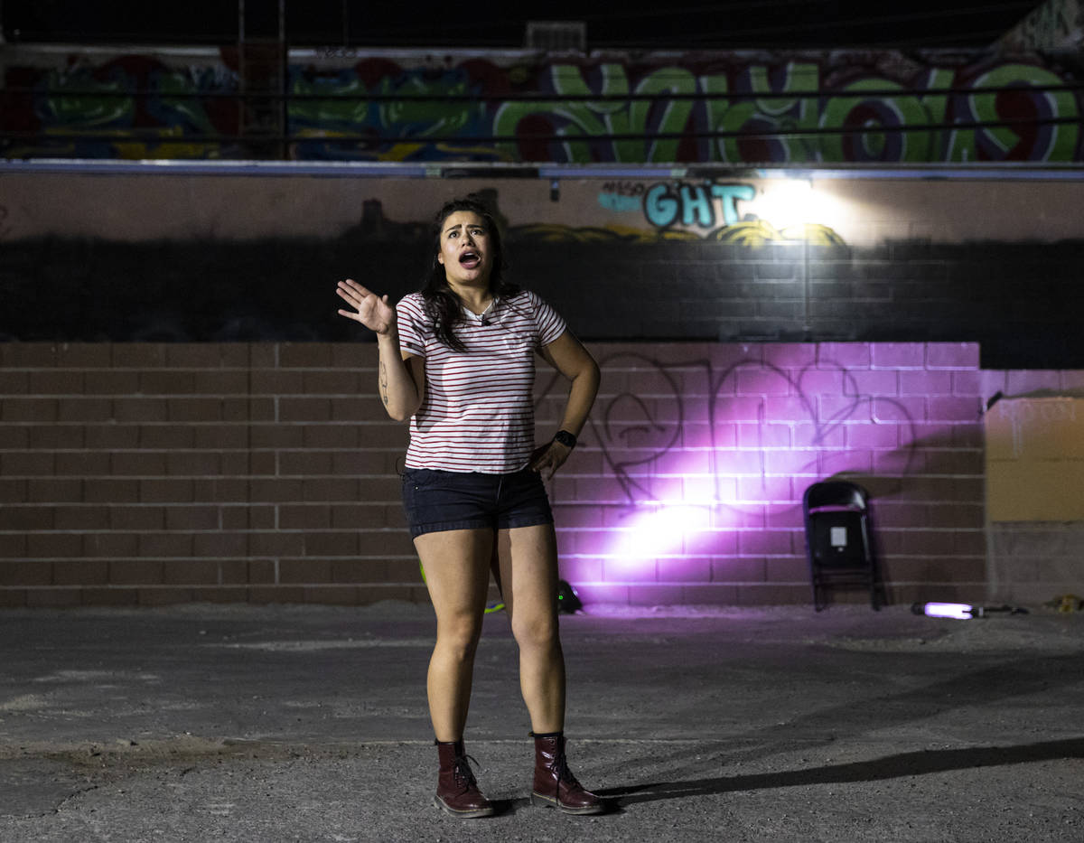J, played by Natalie Senecal, performs during a rehearsal of "The Parking Lot" down t ...