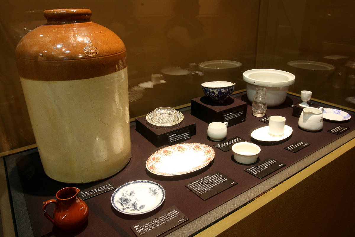 A ceramic jug and china pieces are shown at "Titanic: The Artifact Exhibition" at Luxor. (Premi ...