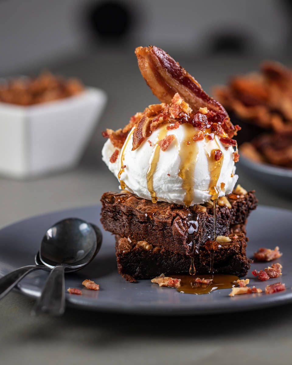 Bacon ice cream on a warm bacon brownie at Slater's 50/50 on Silverado Ranch Boulevard in Las V ...