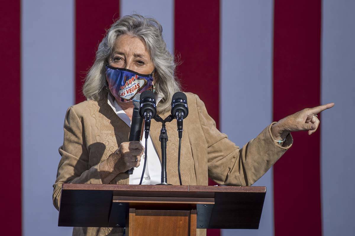 Rep. Dina Titus talks about Democratic vice presidential nominee Kamala Harris during a drive-i ...