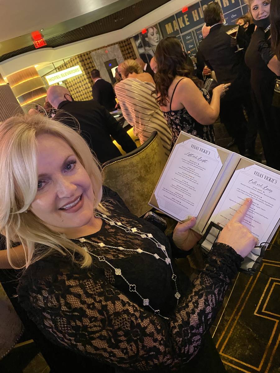 Heidi Sarno Strauss points to the Grandissimo cocktail at Vegas Vickie's Cocktail Lounge on Tue ...