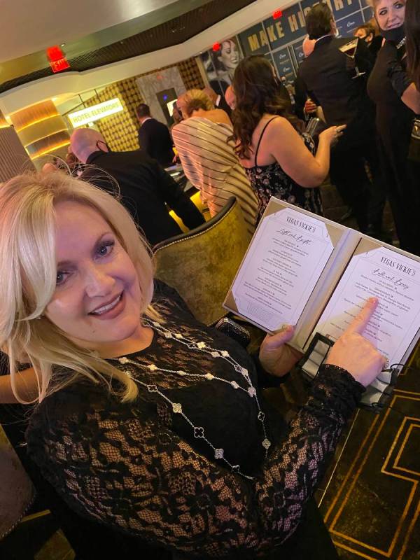 Heidi Sarno Strauss points to the Grandissimo cocktail at Vegas Vickie's Cocktail Lounge on Tue ...