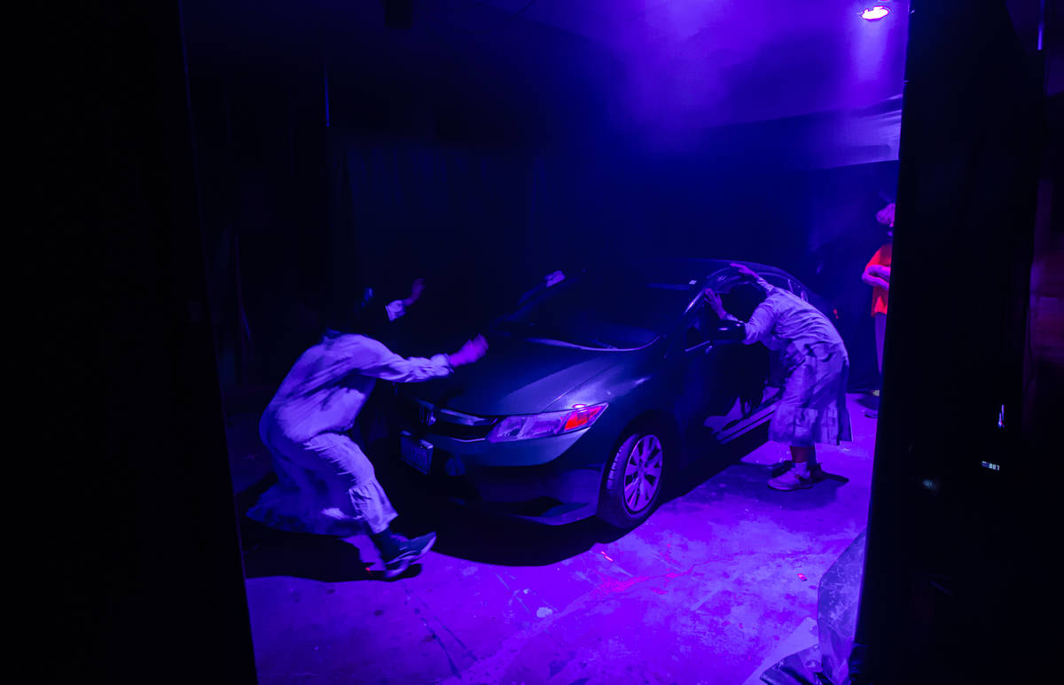 Ruliko Cronin, left, and Romeo Lopez perform during the Horrorwood Video drive-in at the Majest ...