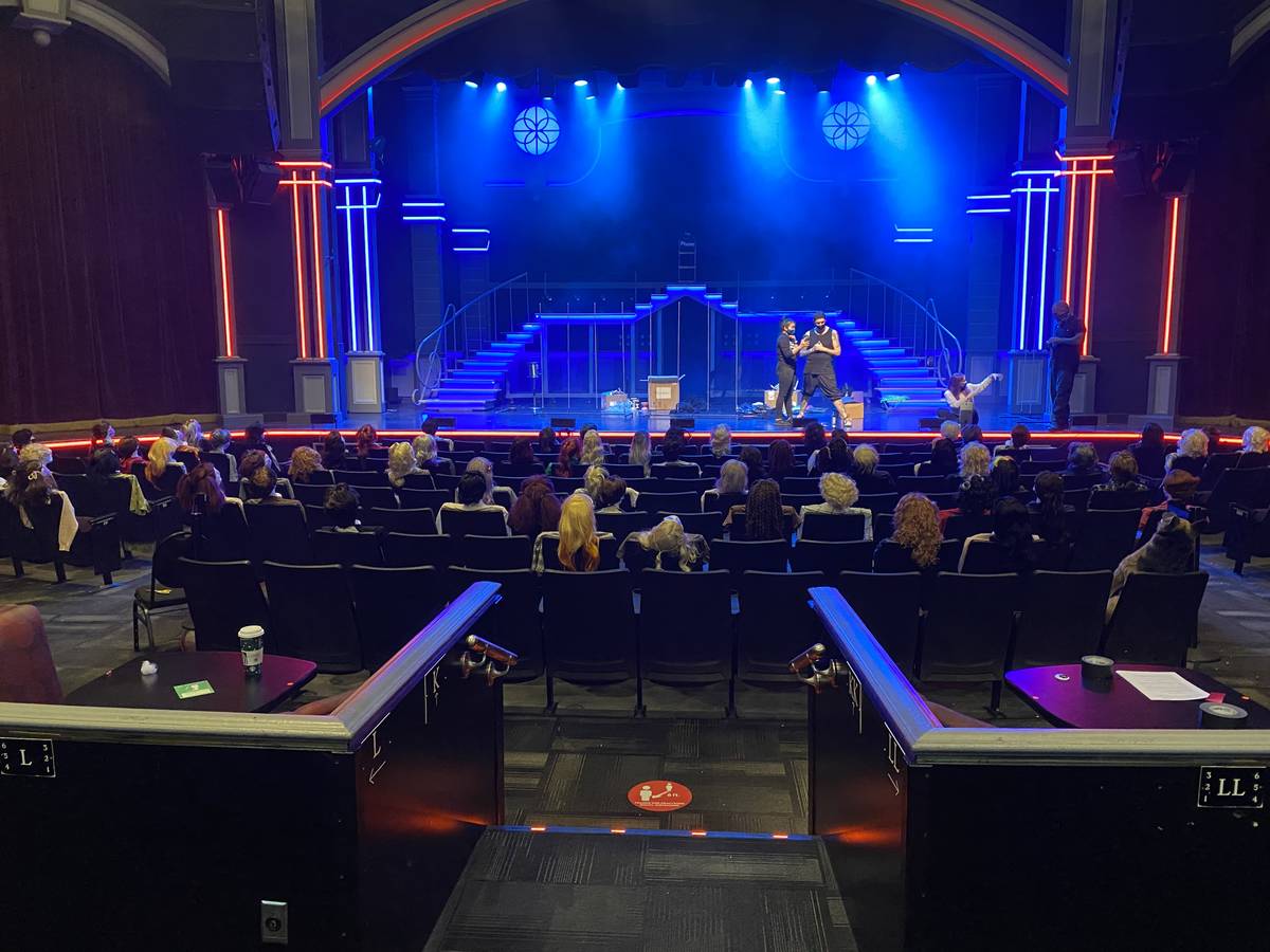 An audience of mannequin heads seated for Tape Face's show at Harrah's Showroom is shown on Sat ...
