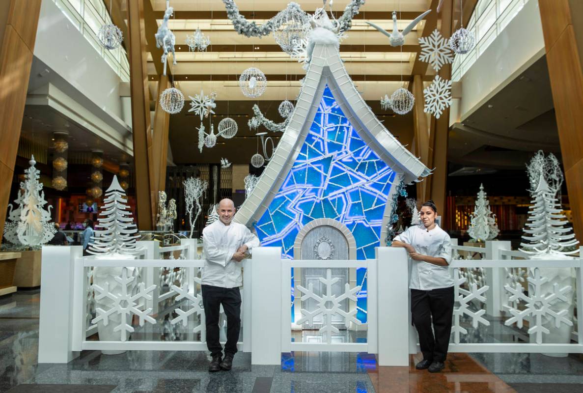 Aria pastry chef Mathieu Lavallee, left, and assistant chef Andrea Madrid at the unveiling of t ...