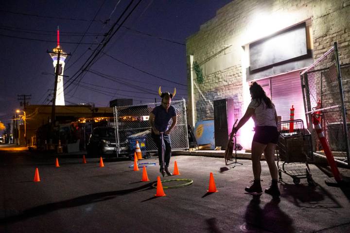 Terry, played Mike Vargovich, left, and J, played by Natalie Senecal, perform during a rehearsa ...