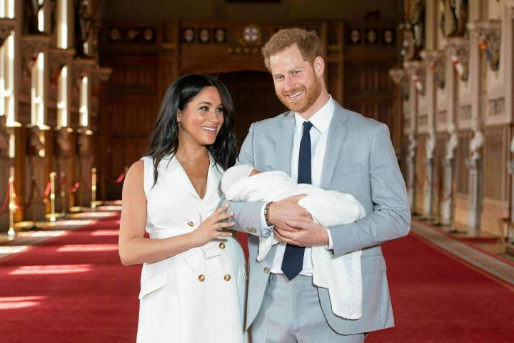 In a Wednesday May 8, 2019, file photo Britain's Prince Harry and Meghan, Duchess of Sussex, po ...