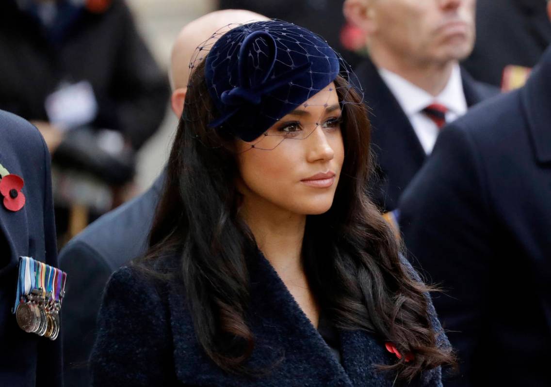 FILE - In this Thursday, Nov. 7, 2019 file photo Meghan the Duchess of Sussex stands after she ...