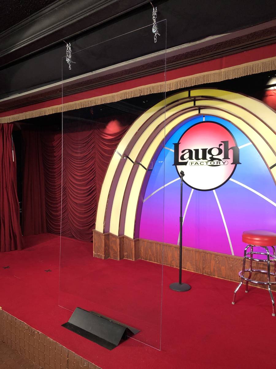 The stage at the Laugh Factory at the Tropicana, with a plexiglass barrier, as it is set for An ...